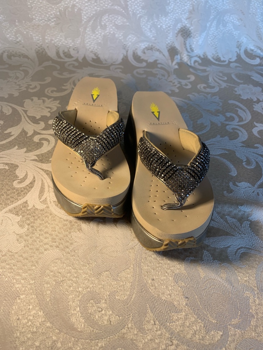 Volatile Gold/silver Wedge Flip Flops with Gunmetal Beaded Straps